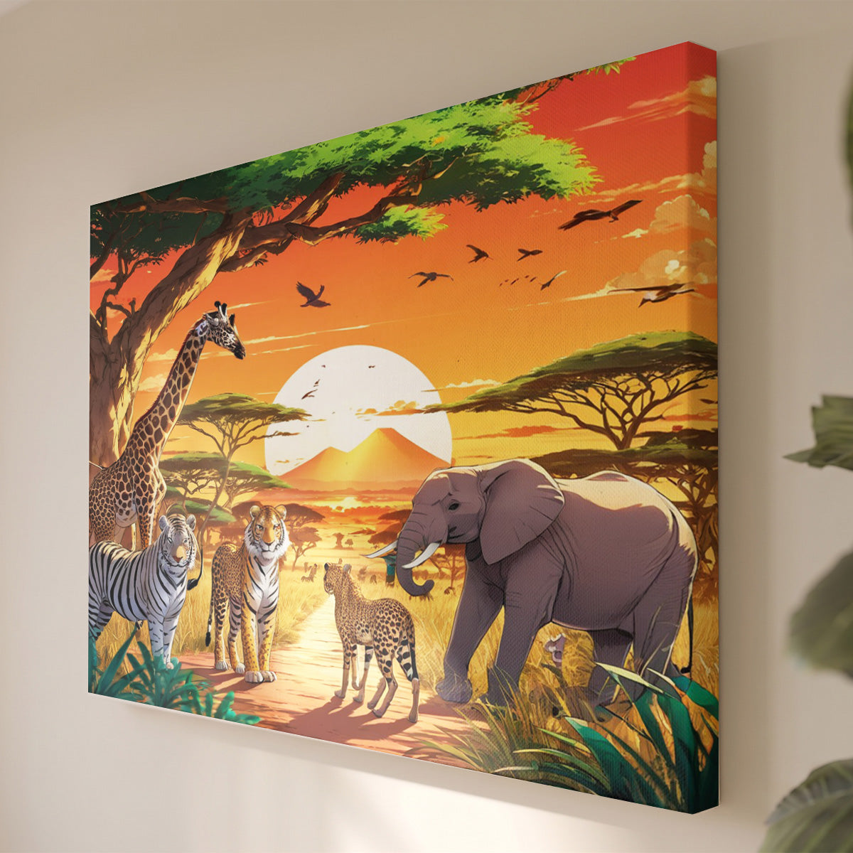 Leinwandbild Afrikanische Wildtiere - Giraffe Zebra Elefant Illustration - Wohnzimmer Wanddeko