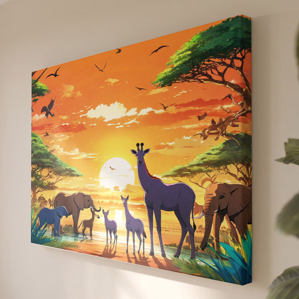 Leinwandbild Afrika-Safari - Sonnenuntergang mit Tiermotiven - Kunstwerk für Innenarchitektur