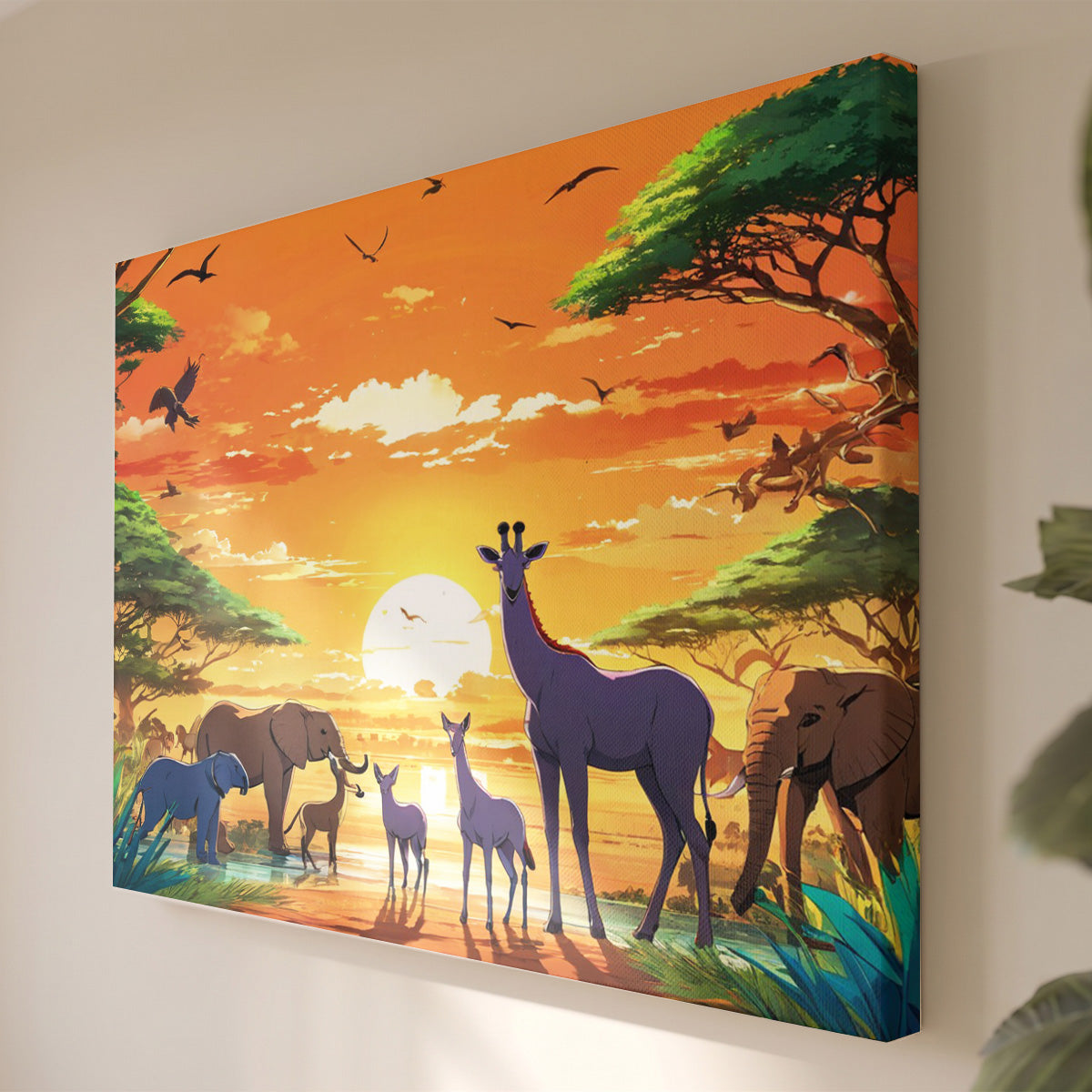 Leinwandbild Afrika-Safari - Sonnenuntergang mit Tiermotiven - Kunstwerk für Innenarchitektur