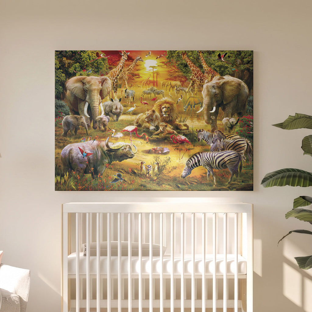 Leinwandbild Savannentiere - Bunte Malerei Löwe Elefant Zebra - Moderne Wanddeko