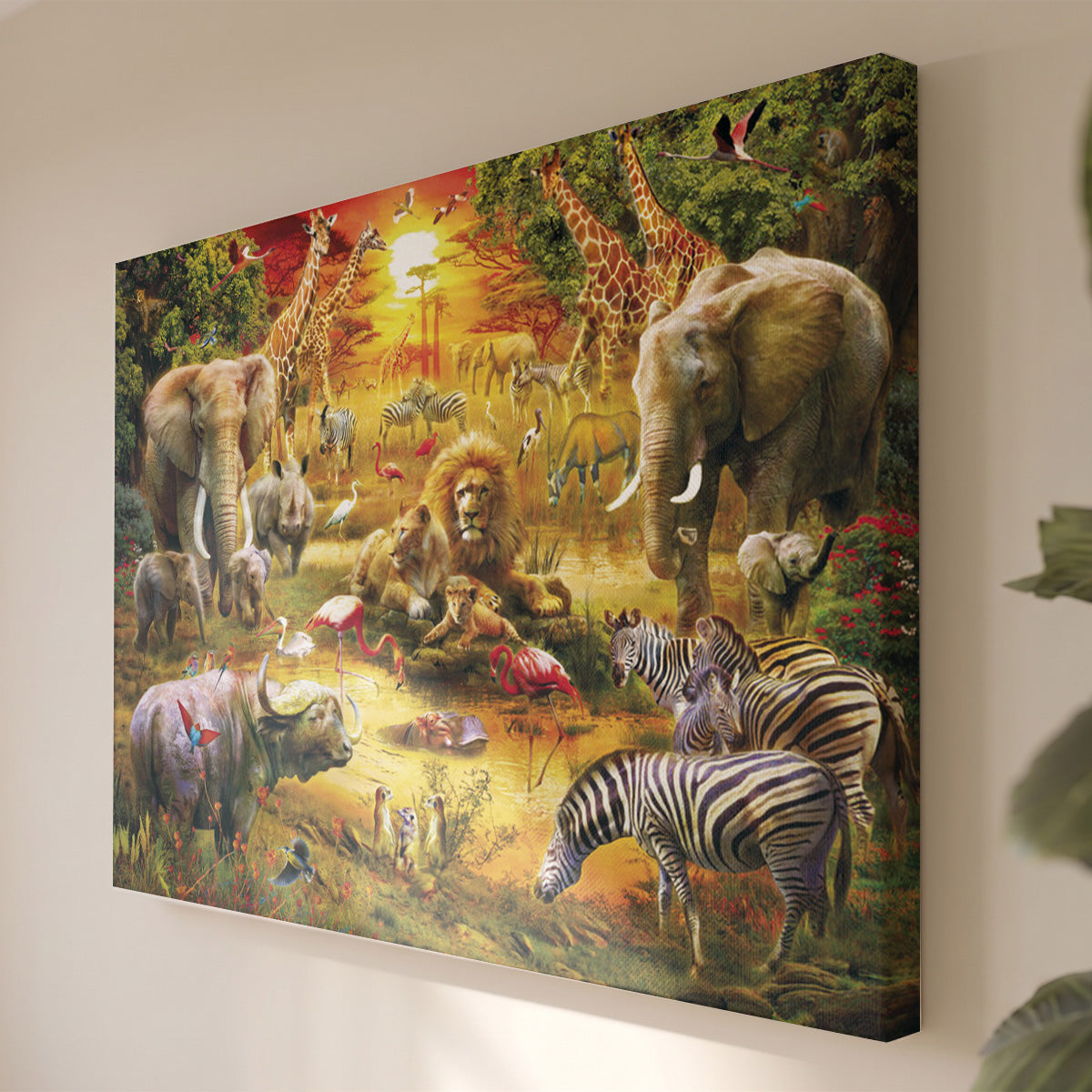 Leinwandbild Savannentiere - Bunte Malerei Löwe Elefant Zebra - Moderne Wanddeko