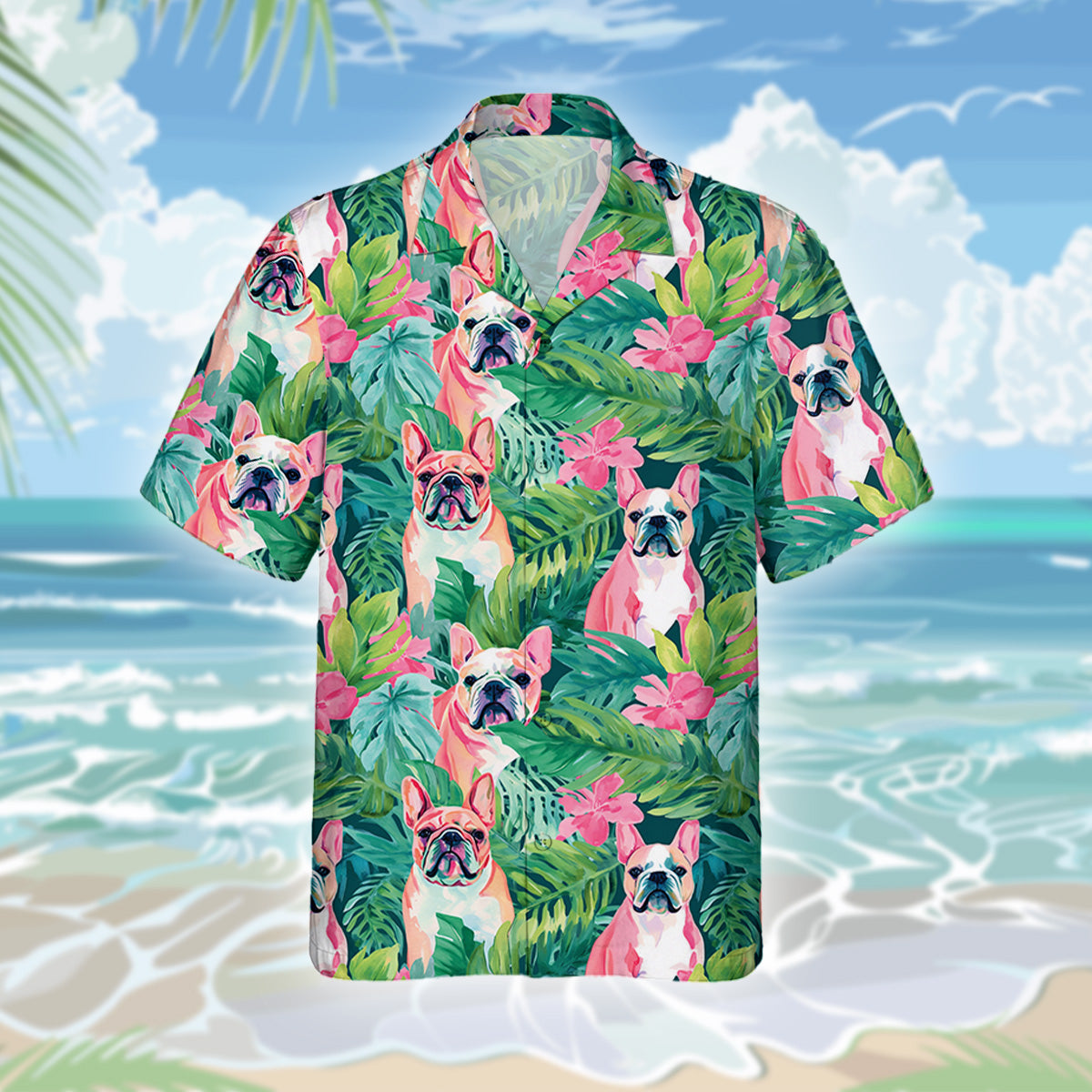 Bulldog Dog Hawaiihemd - Lustiges Tropen Blumen Kurzarm Strandhemd für Herren Damen – Bild 3