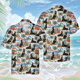 Dobermann Dog Hawaiihemd – Lustiges Tropen Blumen Kurzarm Strandhemd für Herren Damen