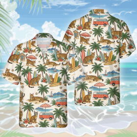 Bengal Katze Hawaiihemd – Lustiges Tropen Blumen Kurzarm Strandhemd für Herren Damen