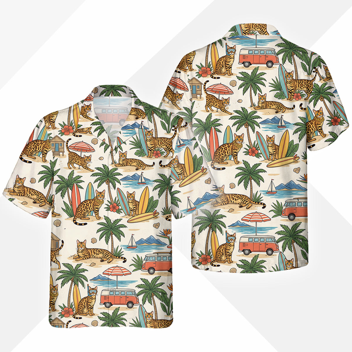 Bengal Katze Hawaiihemd - Lustiges Tropen Blumen Kurzarm Strandhemd für Herren Damen – Bild 2