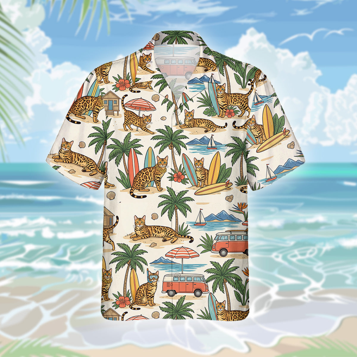 Bengal Katze Hawaiihemd - Lustiges Tropen Blumen Kurzarm Strandhemd für Herren Damen – Bild 3