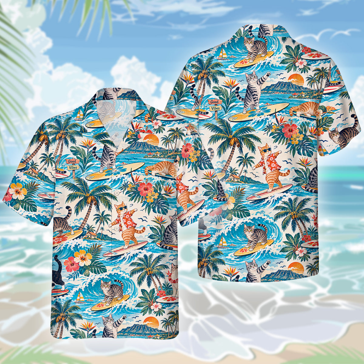 Europäisch Kurzhaar Katze Hawaiihemd - Lustiges Tropen Blumen Kurzarm Strandhemd für Herren Damen