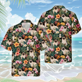 Heilige Birma Katze Hawaiihemd – Lustiges Tropen Blumen Kurzarm Strandhemd für Herren Damen