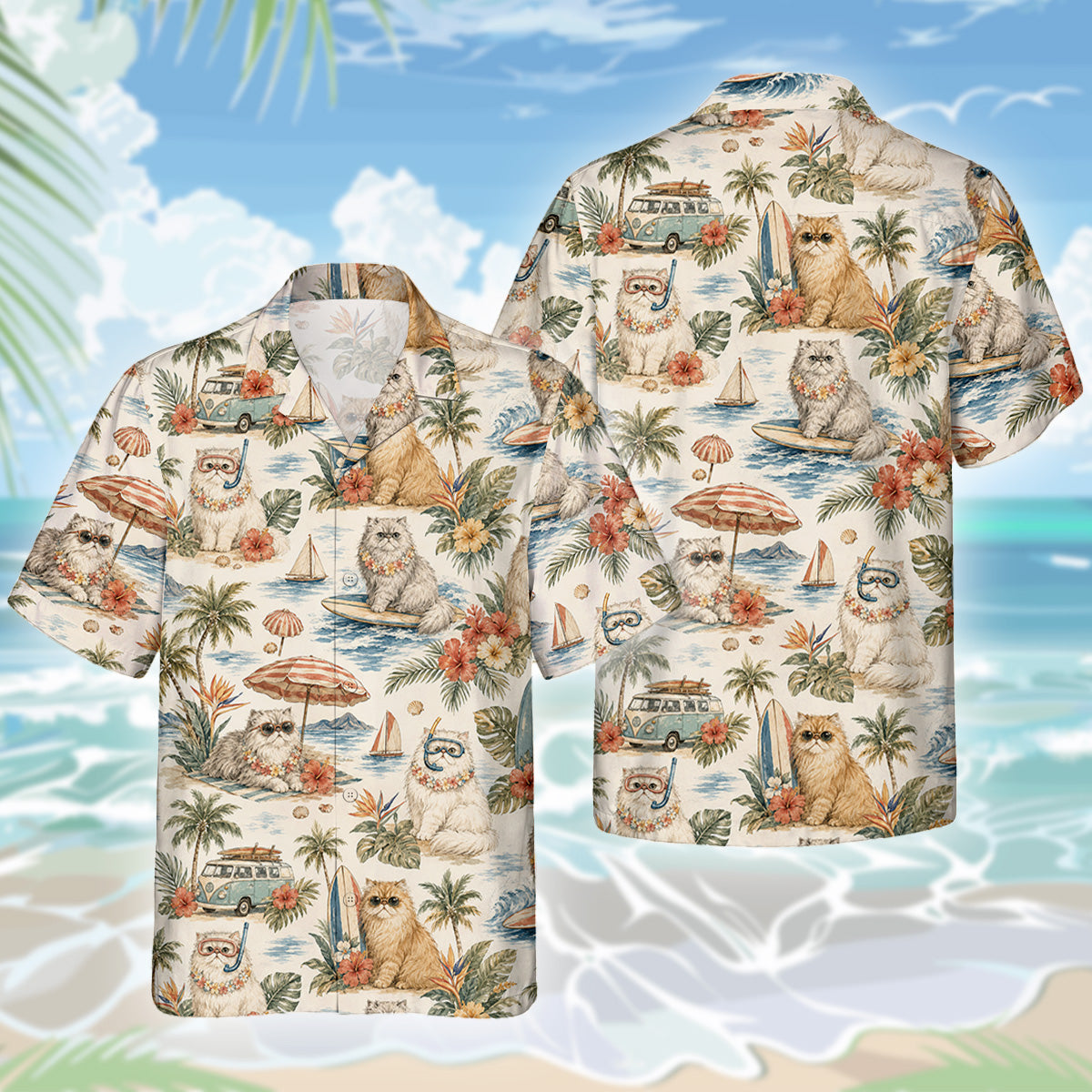 Perserkatze Hawaiihemd - Lustiges Tropen Blumen Kurzarm Strandhemd für Herren Damen