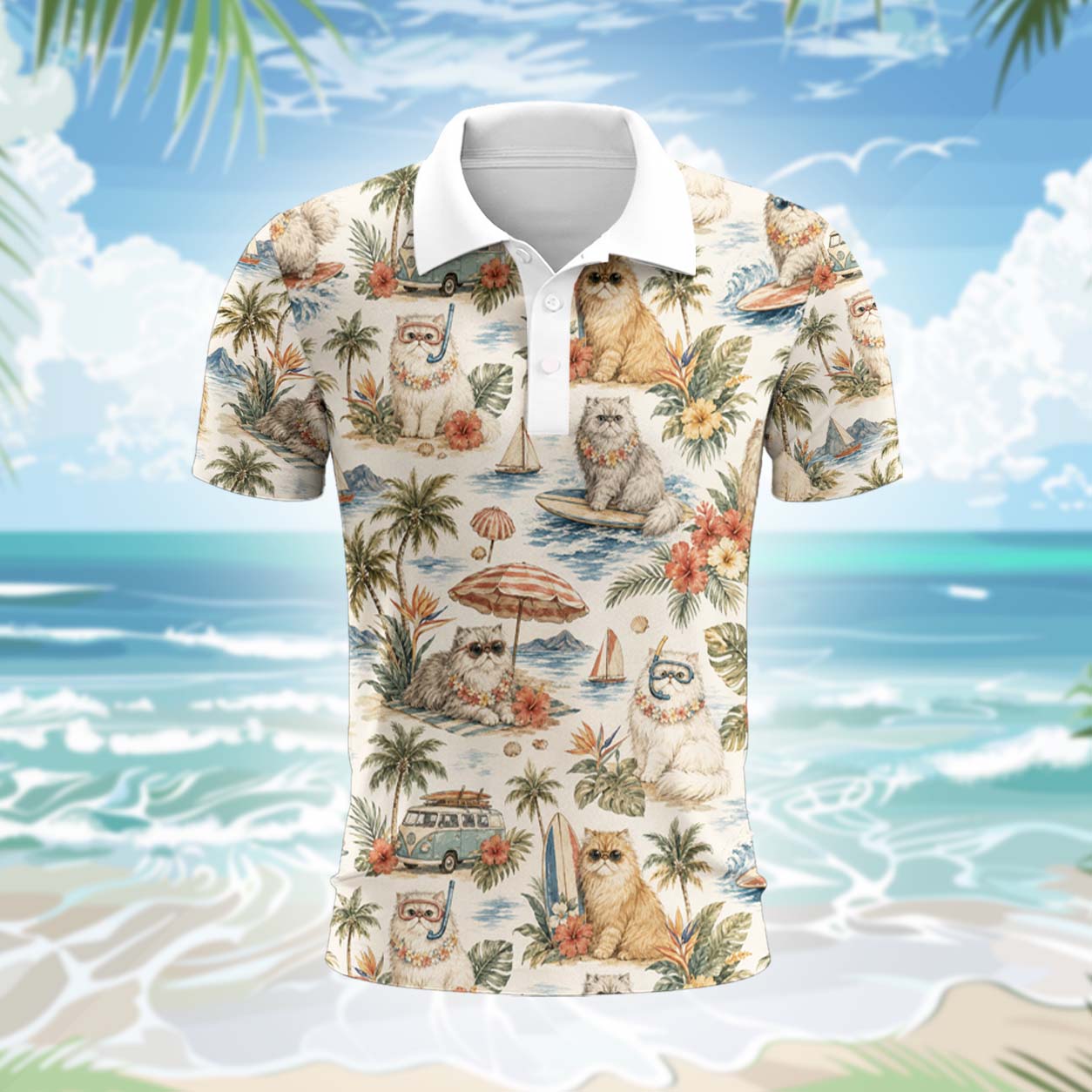 Perserkatze Polohemd - Lustiges Tropen Kurzarm Shirt für Herren Damen – Bild 2