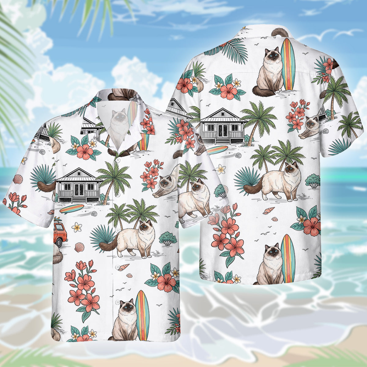 Ragdoll Katze Hawaiihemd - Lustiges Tropen Blumen Kurzarm Strandhemd für Herren Damen