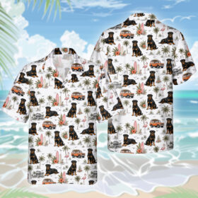 Rottweiler Dog Hawaiihemd – Lustiges Tropen Blumen Kurzarm Strandhemd für Herren Damen